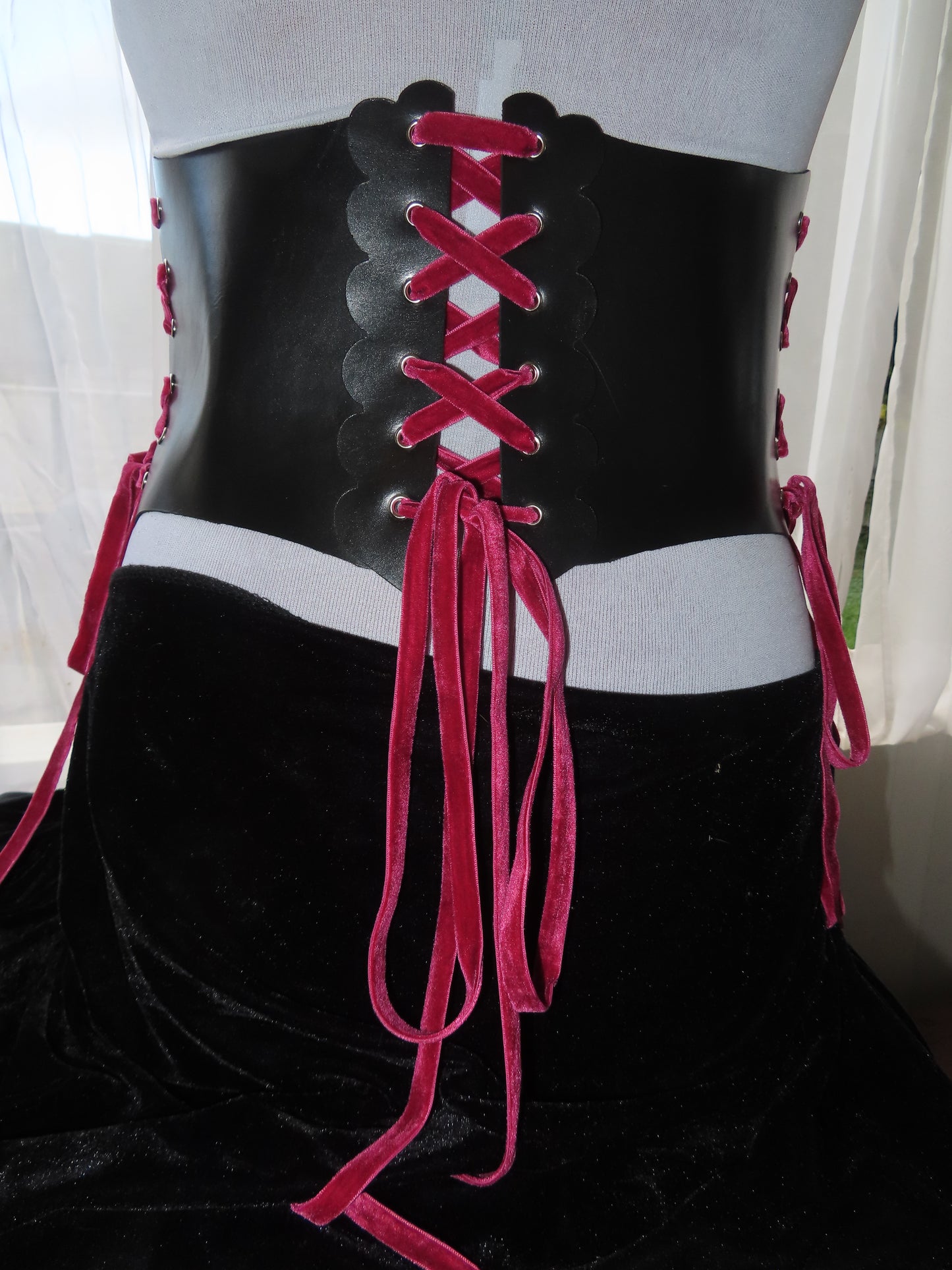 Black Leather Corset 6 Panel Red Velvet Lined Gothic Steampunk Waist Cincher Handmade Renaissance Festival Costume Top
